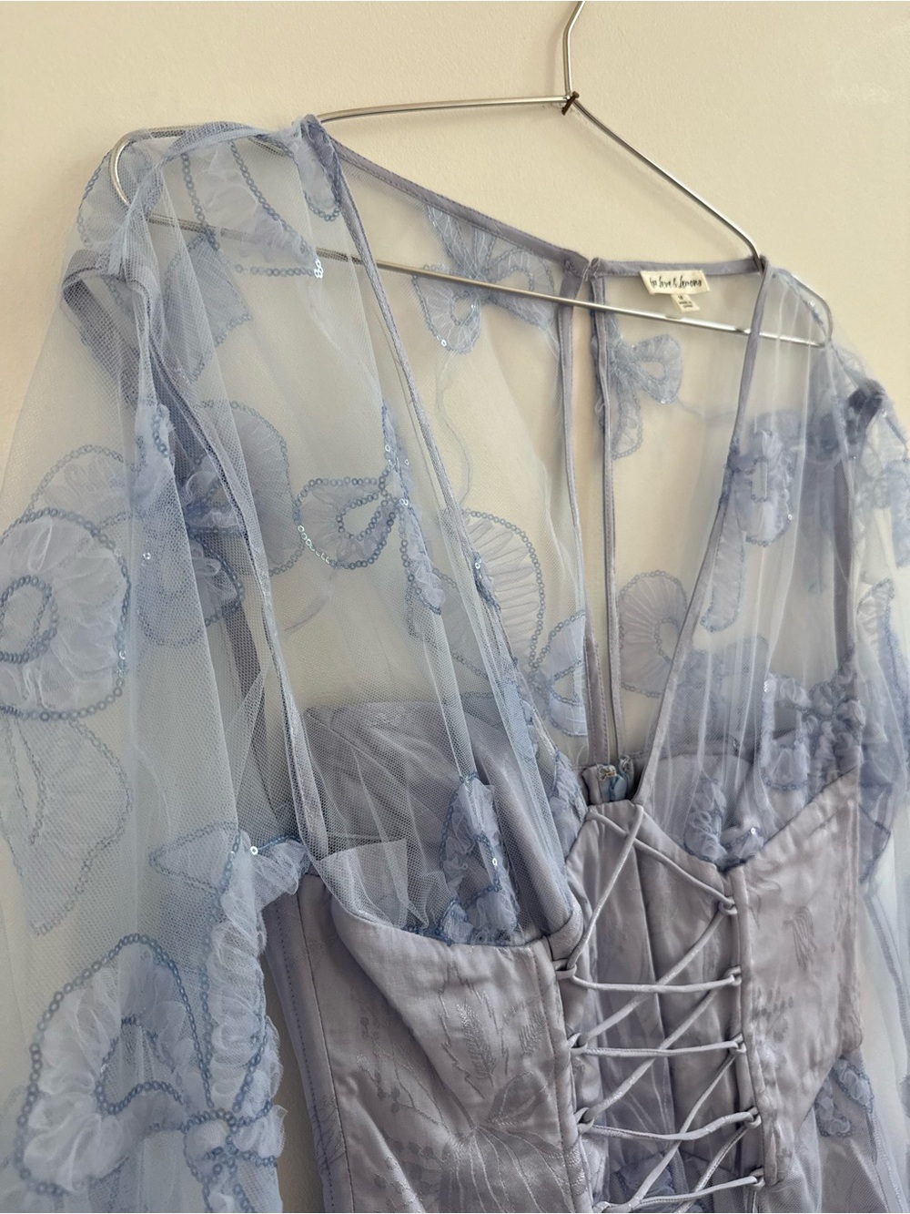For Love & Lemons Pale Blue Floral Lace-Up Mesh Mini Dress - Picture 3 of 6
